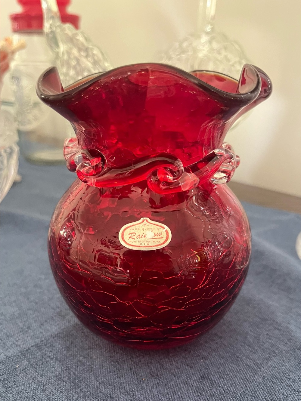 Vintage Rainbow Glass Co. Red Crackle Glass Vase 5” Original Sticker